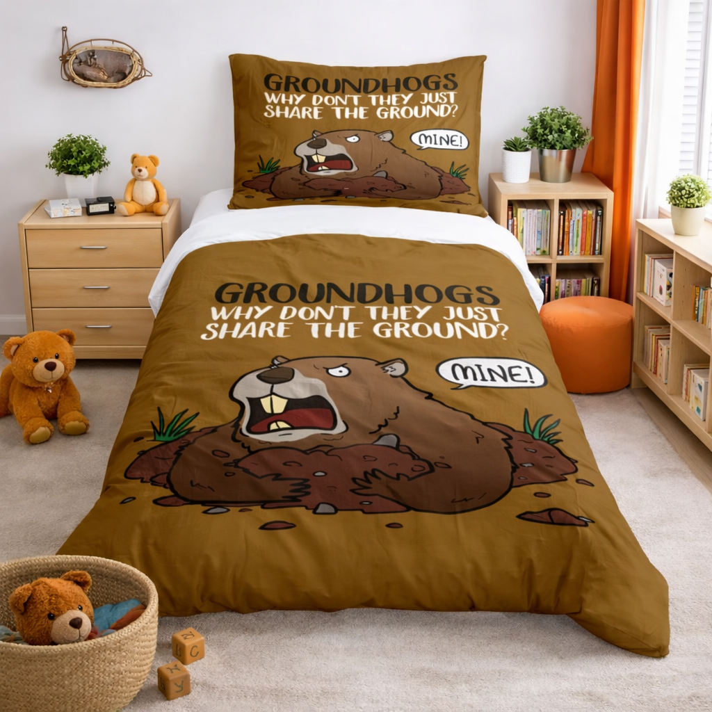 Bedding set with groundhog design in a bedroom setting