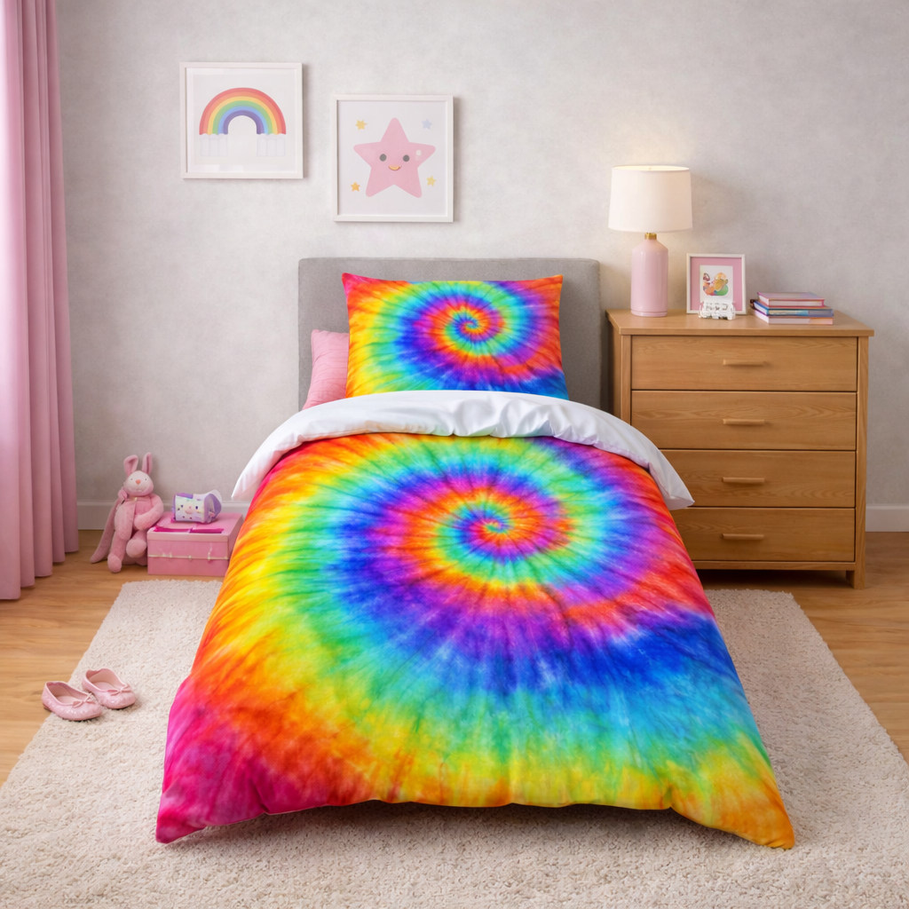 Bedroom with tie-dye bedding and colourful decor