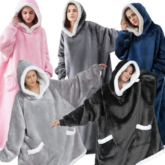 Oversized flannel wearable blanket hoodie shown in multiple colours with long sleeves, hood, and loose fit for teens and adults