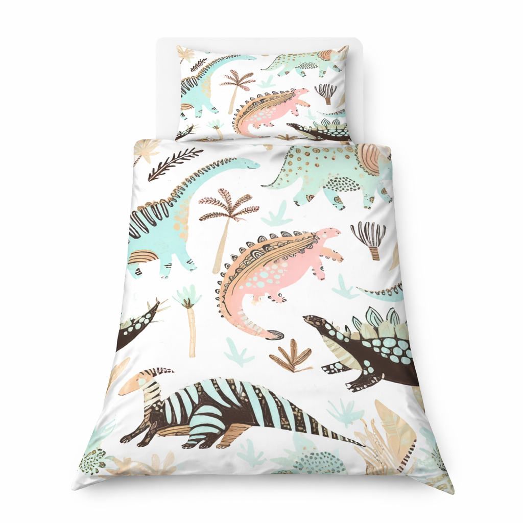 Dinosaur design cover and pillowcase on a white background