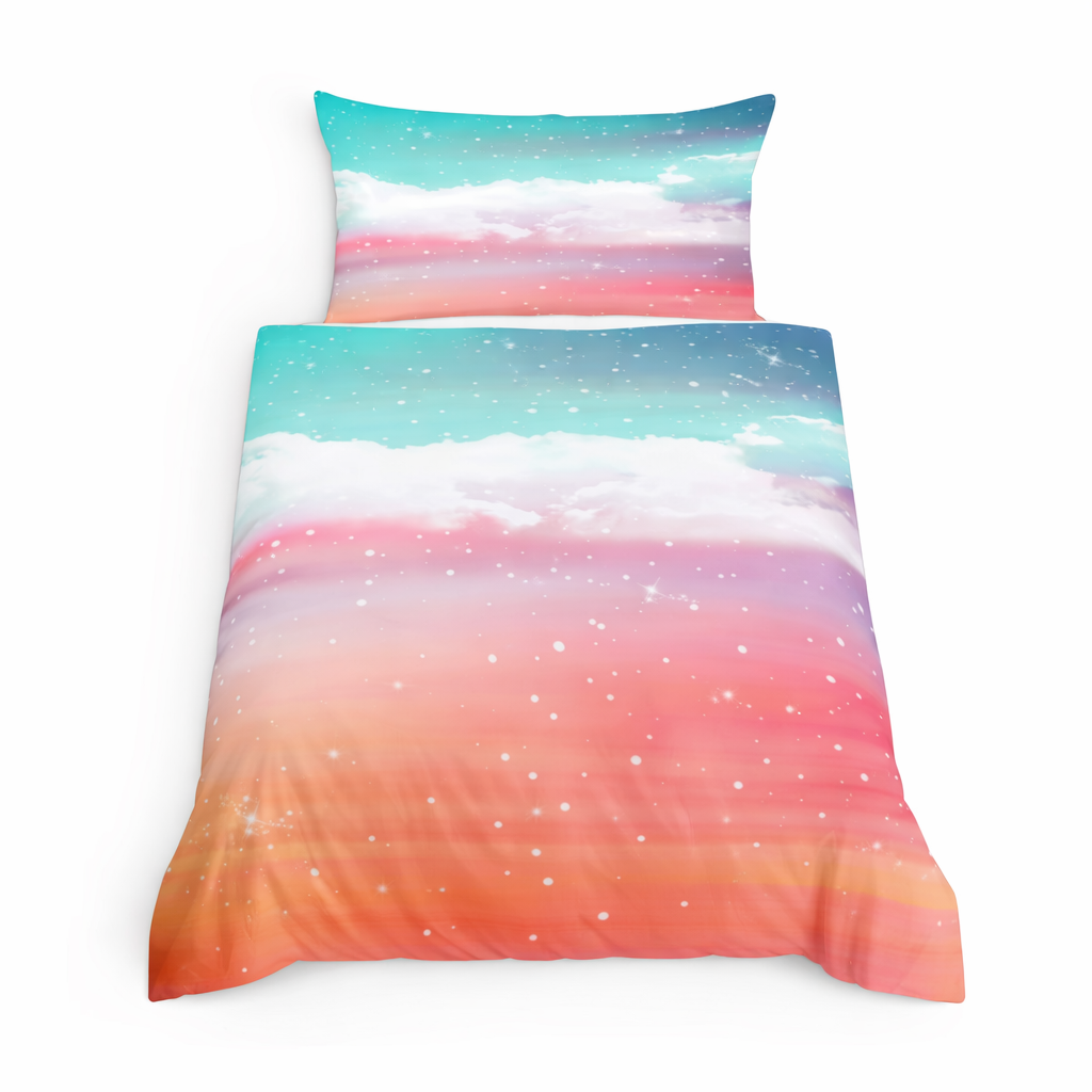 Multicoloured gradient cloudy star design duvet set on a white background