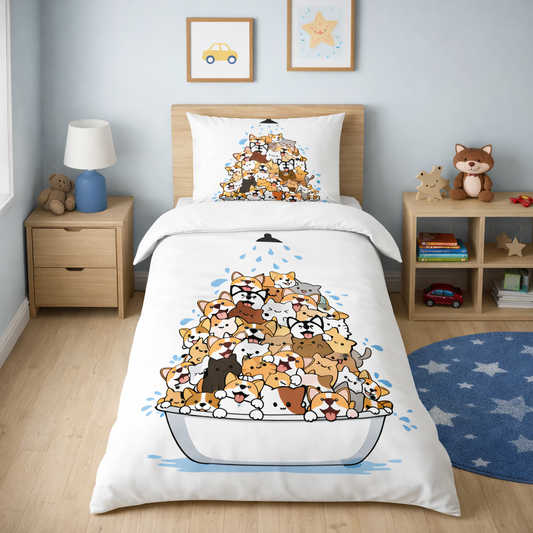 Children's room with a bed featuring a cartoon cats and dog pile design on the bedding.