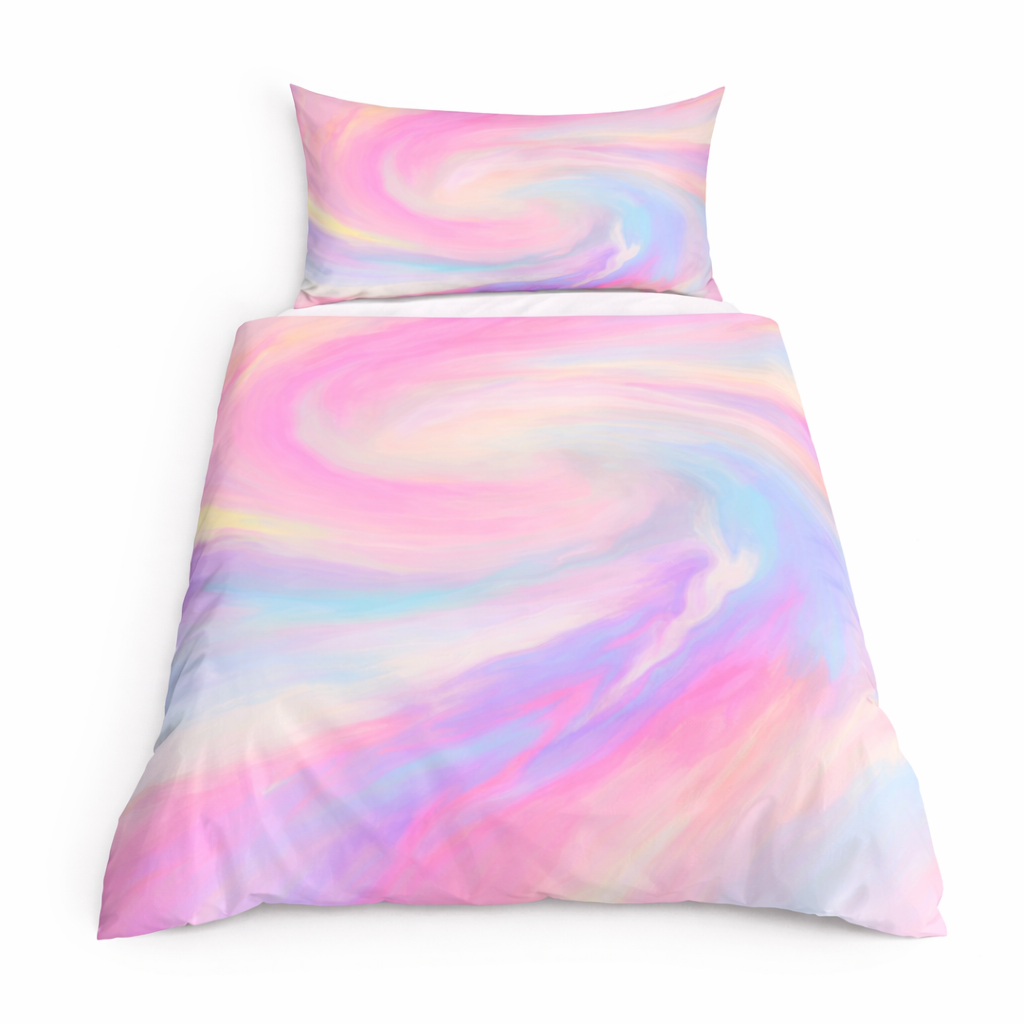 Multicoloured swirly bedding set on a white background