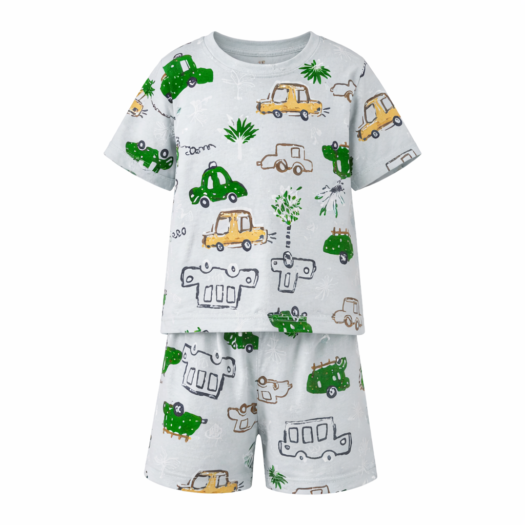 Children's pyjama set with vehicle pattern on a white background