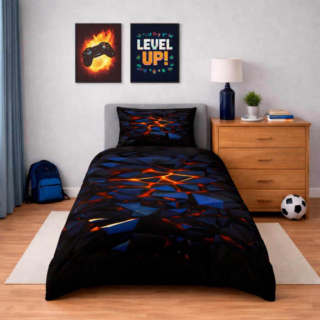 Multicoloured geo design duvet and pillowcase set in a bedroom setting