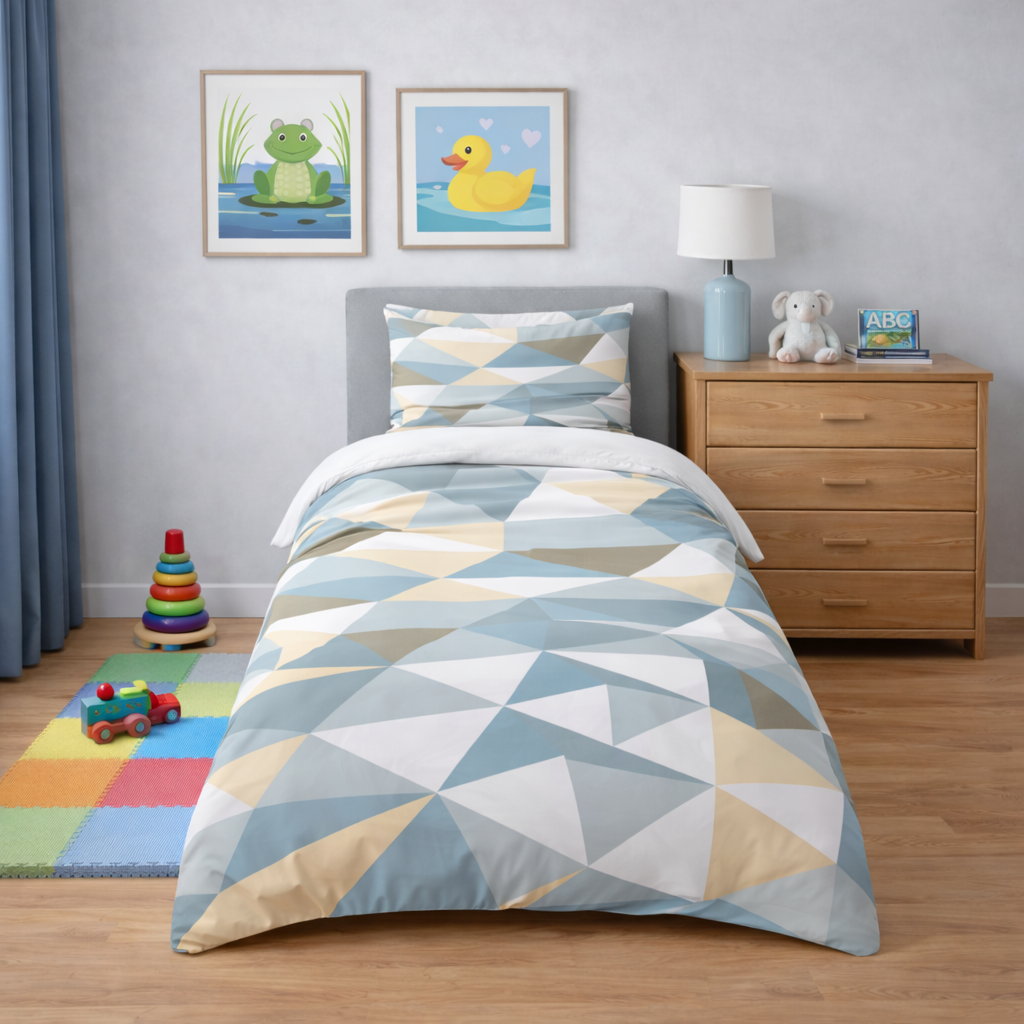 Children's bedroom with geometric patterned bedding, wooden dresser, and toys.