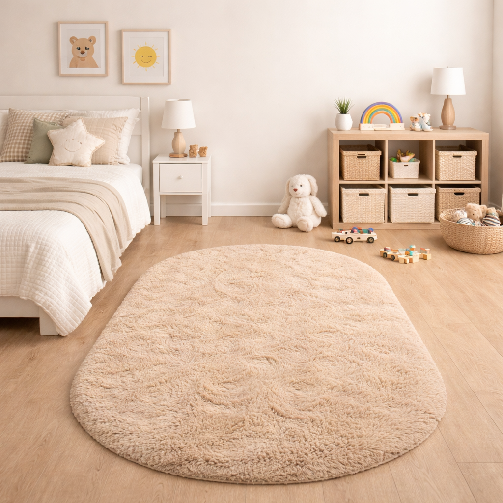 Beige silky plush oval rug shown in a neutral children's bedroom beside a bed
