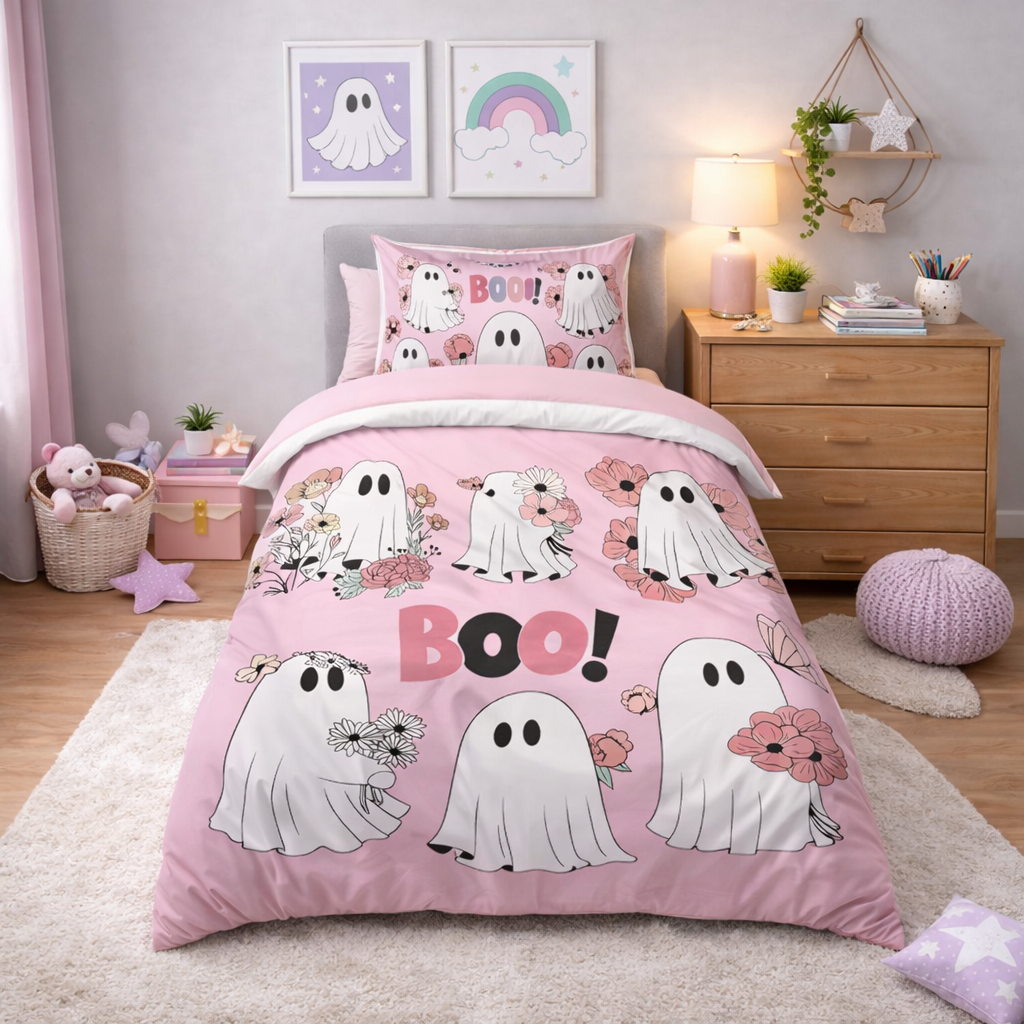 Pink bedding set with ghost motifs and the word boo in a girls bedroom.