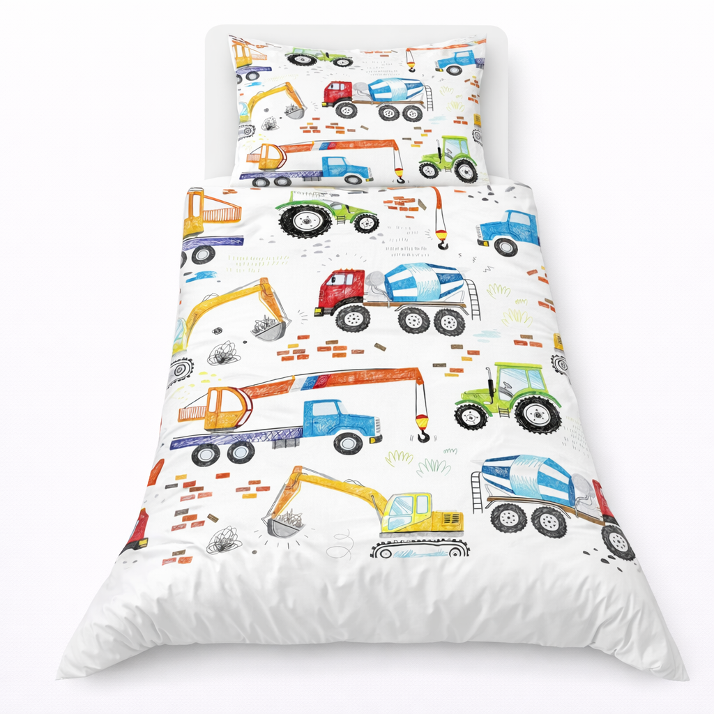 Children's bedding set with construction vehicle pattern on a white background
