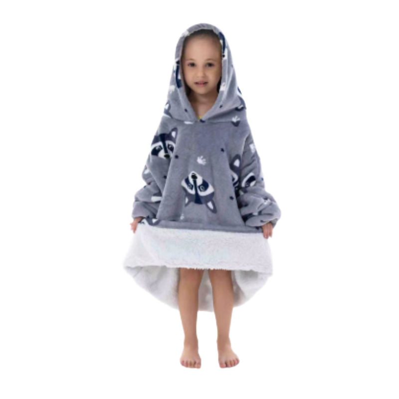 Child wearing grey oversized wearable hoodie featuring a playful raccoon print and soft sherpa lining
