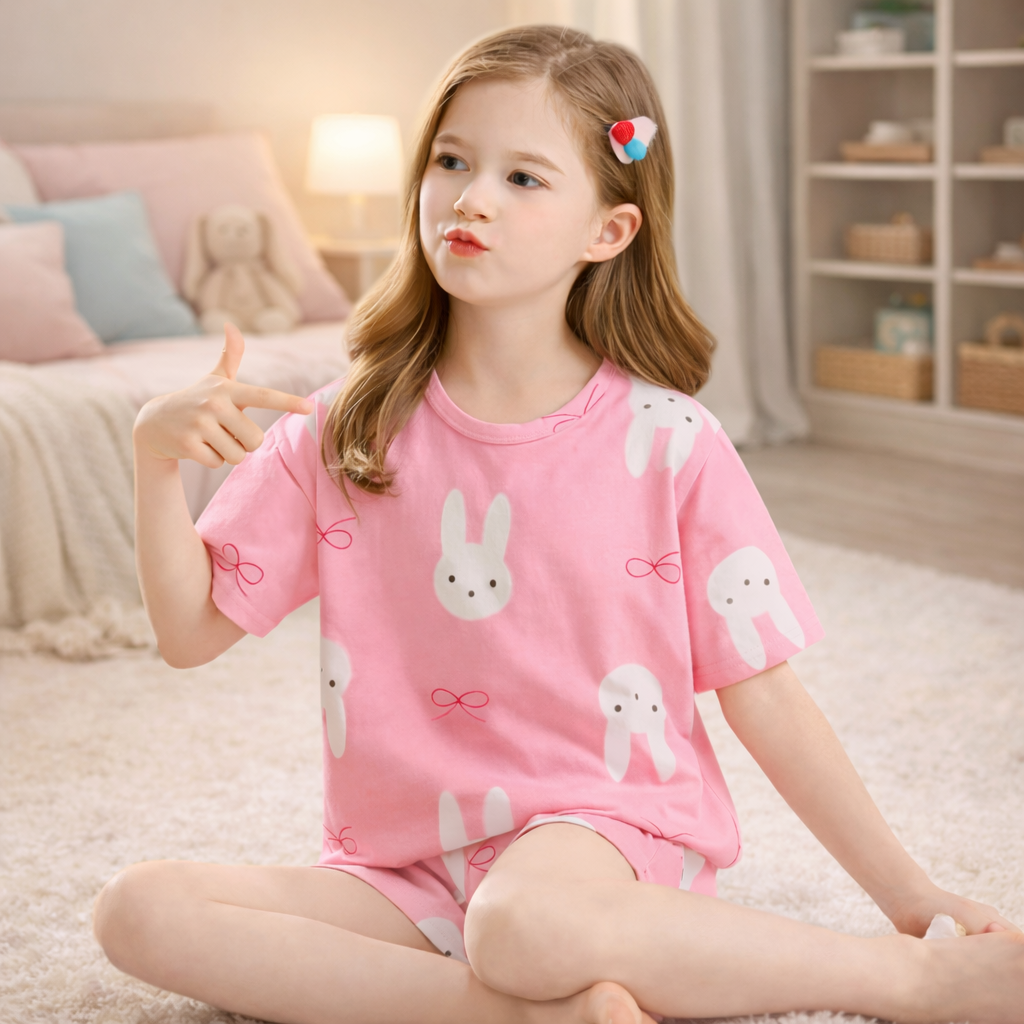 Girl wearing pink bunny design 2 piece pyjama set in a cosy room