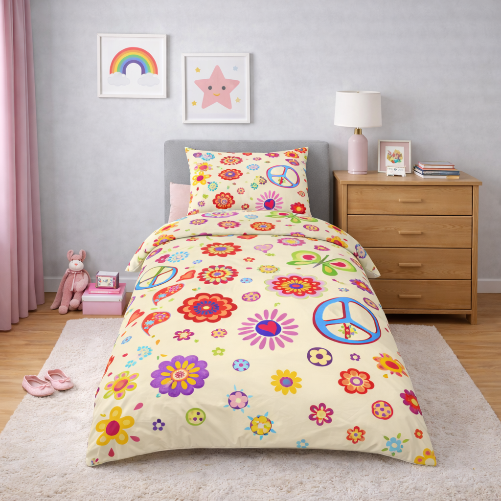 Colourful floral and peace sign patterned bedding set in a child's room with a wooden nightstand and pink lamp.