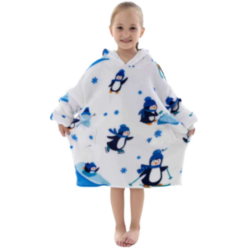 Child wearing a white penguin oversized wearable hoodie.