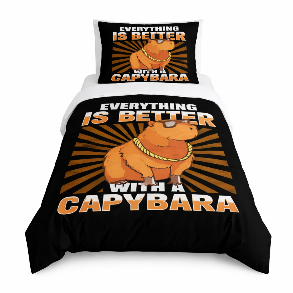 Capybara-themed bedding set with text 'Everything is better with a capybara' on a black background.
