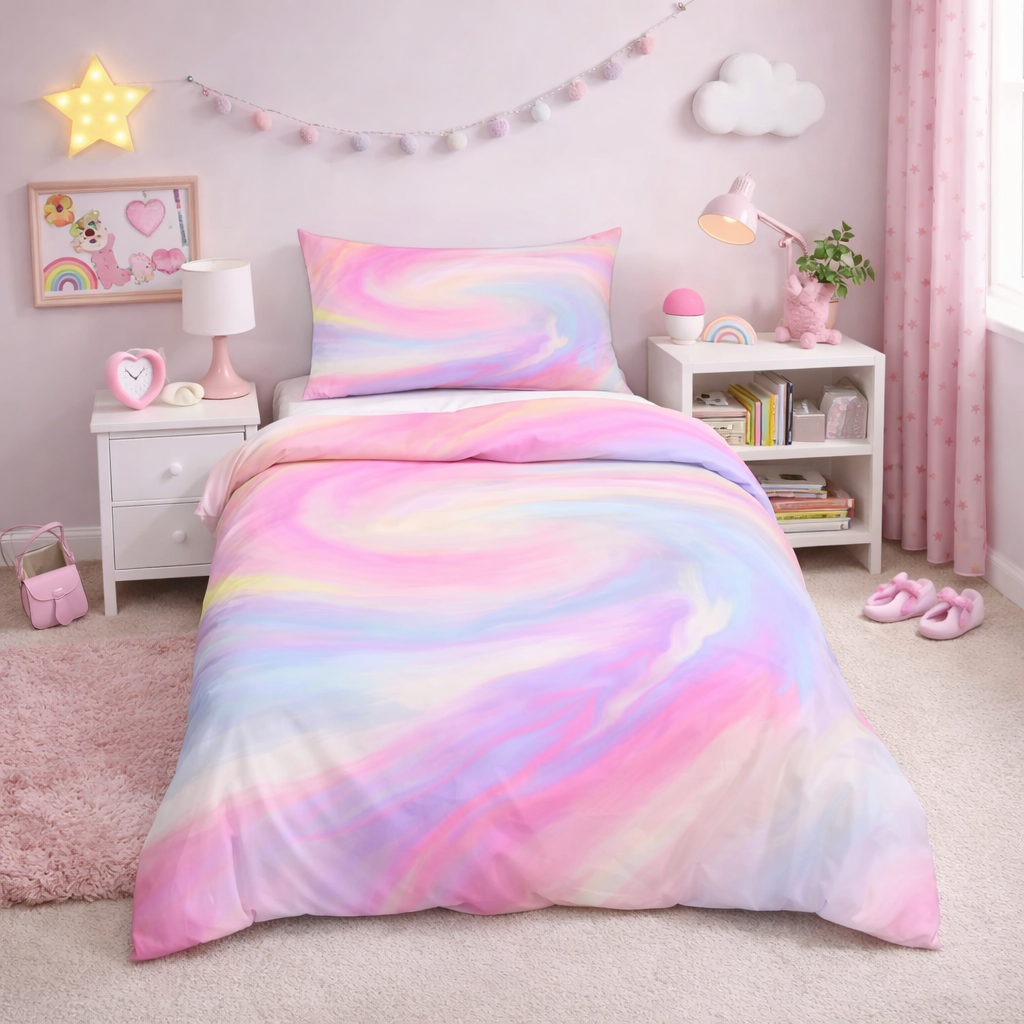 Multicoloured swirly bedding set in a girls bedroom setting