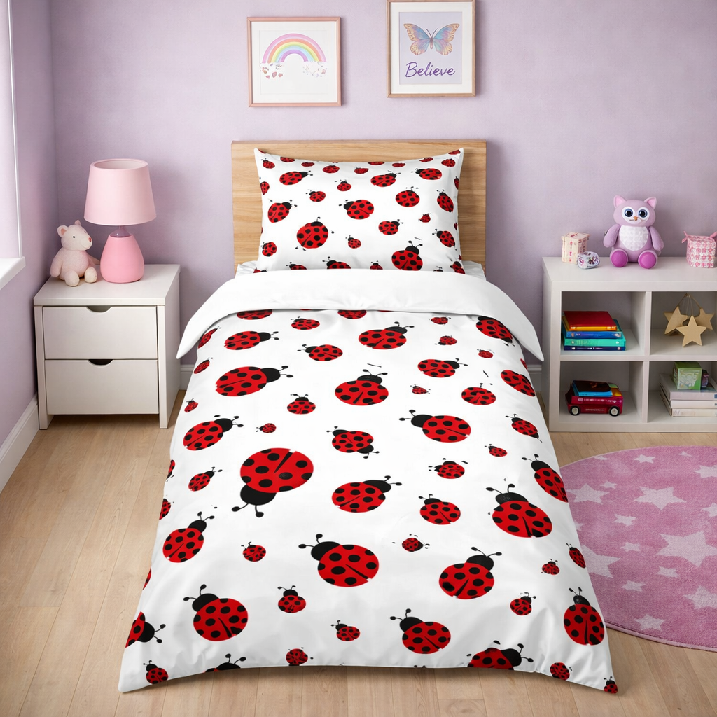 Children's room with a bed featuring a ladybug patterned comforter.