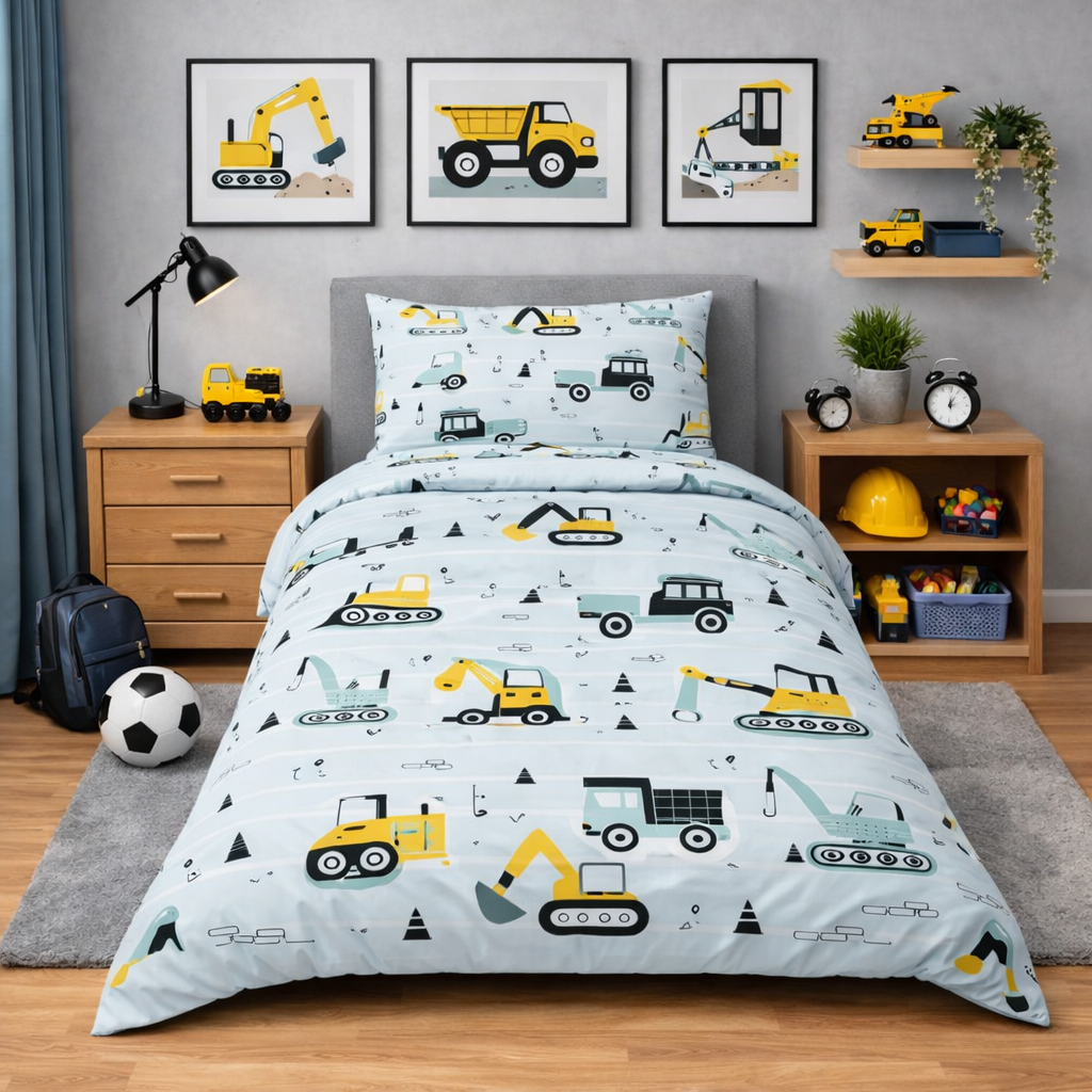 Children's bedroom with construction-themed bedding and decor