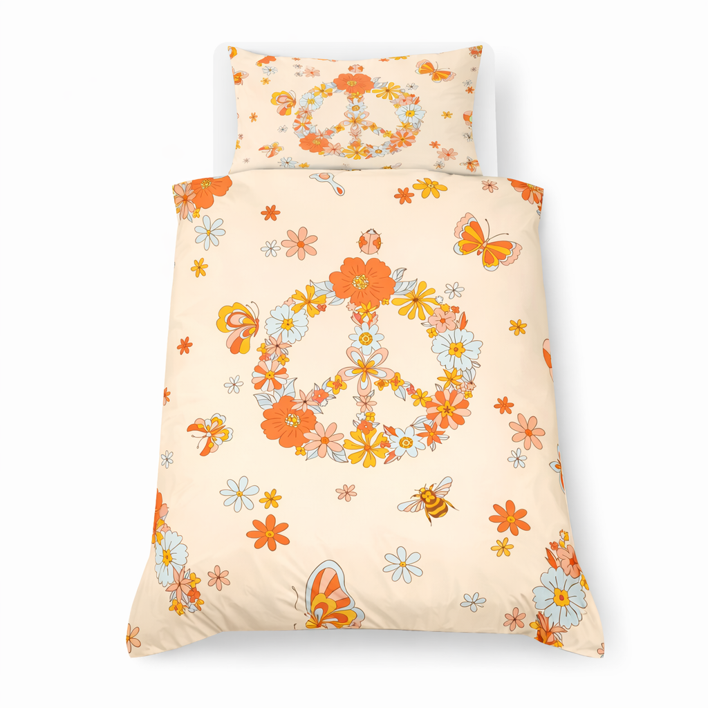 Floral and peace symbol bedding set on a white background