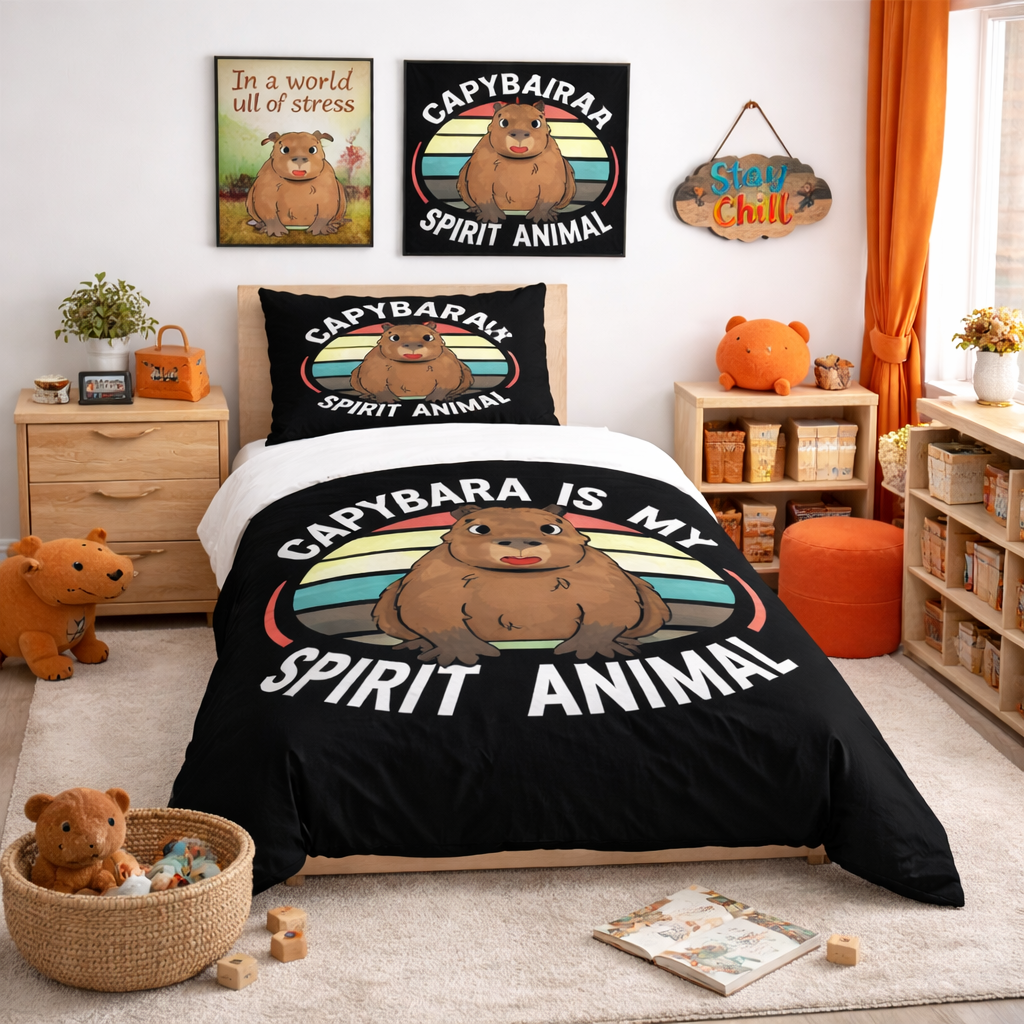 Bedroom with capybara-themed bedding and decor