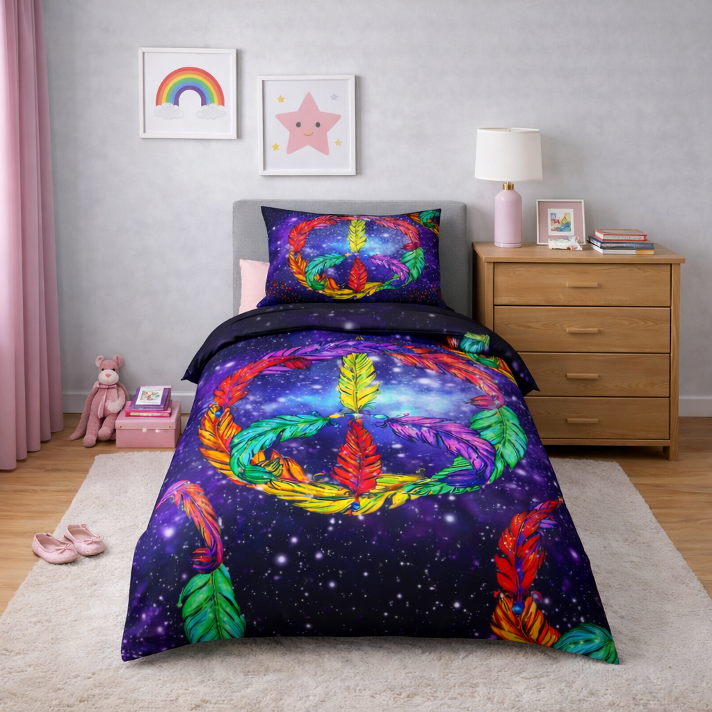 Bedding set with colourful peace symbol design in a bedroom setting.