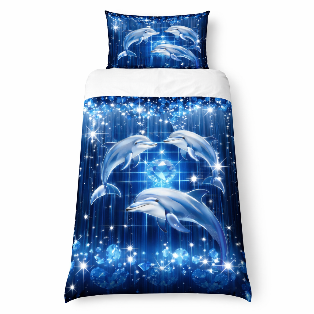 Dolphins design bedding set with blue bedspread on a white background