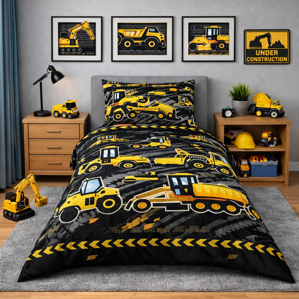 Children's bedroom with construction-themed bedding and decor