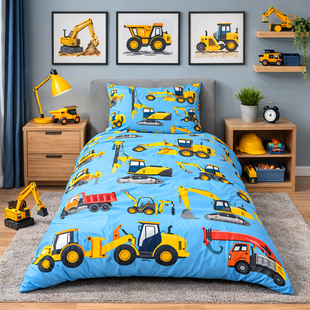Children's bedroom with construction vehicle-themed bedding and decor.