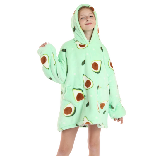 Teen wearing avocado green oversized wearable hoodies indoors.