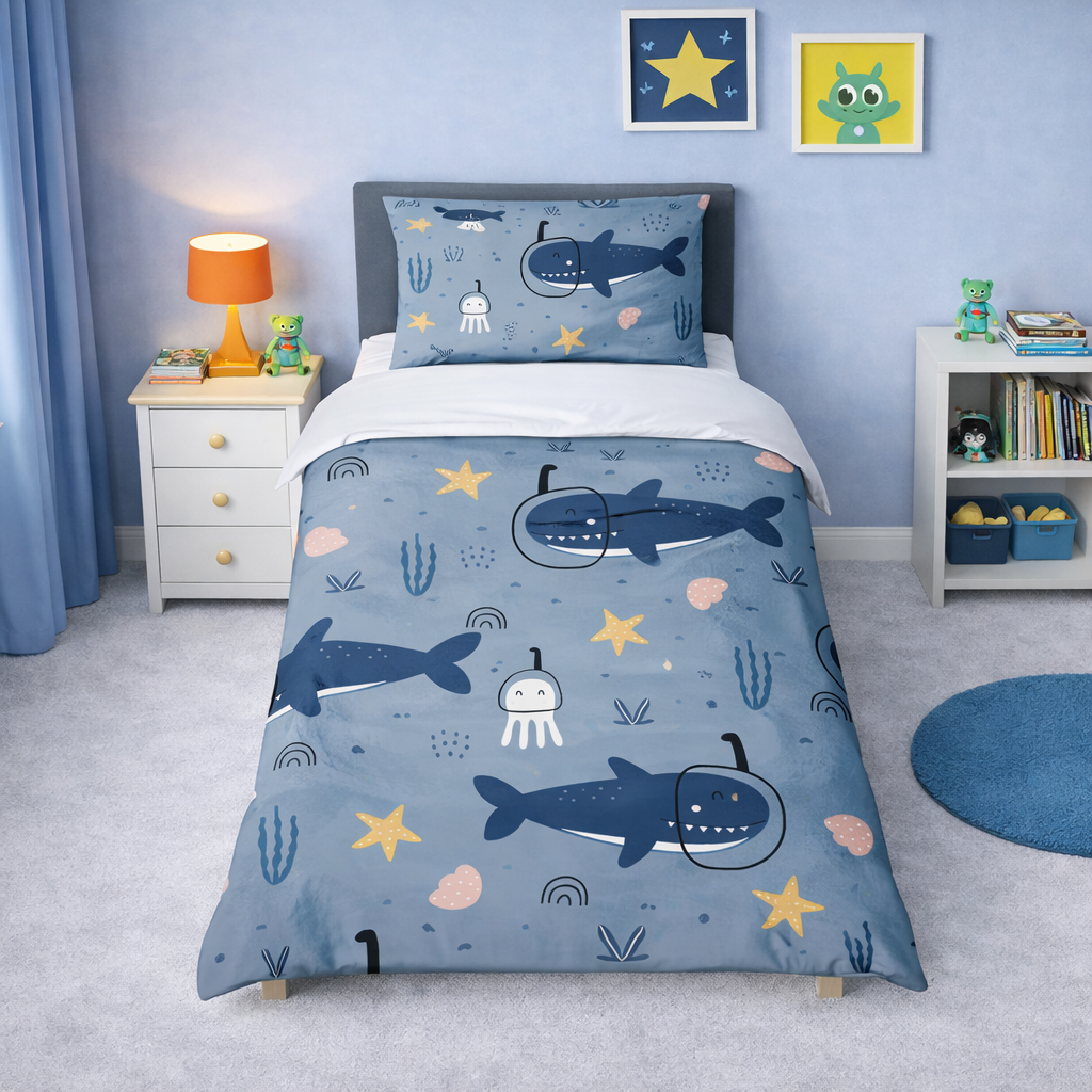 Children’s single scuba shark duvet set with sharks, jellyfish and coral on blue background