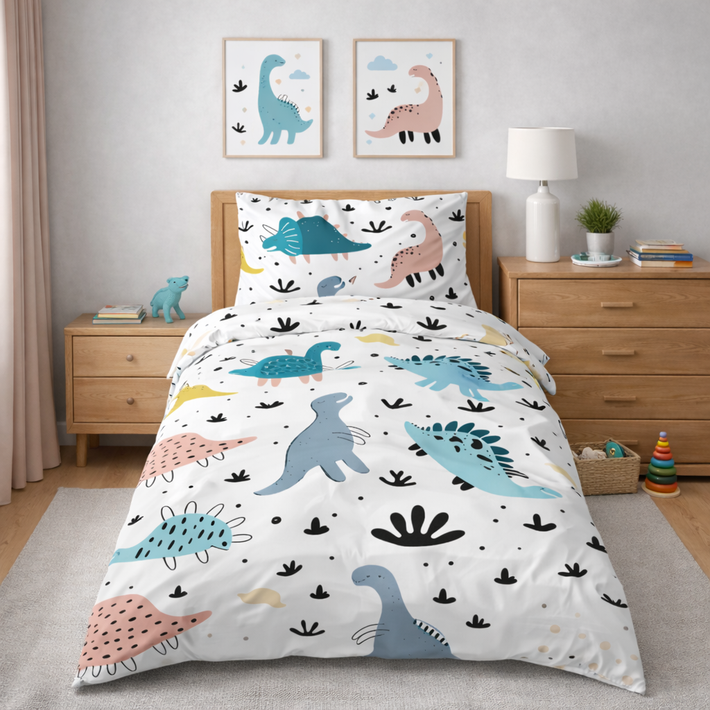 Children's bedroom with dinosaur-themed bedding and decor
