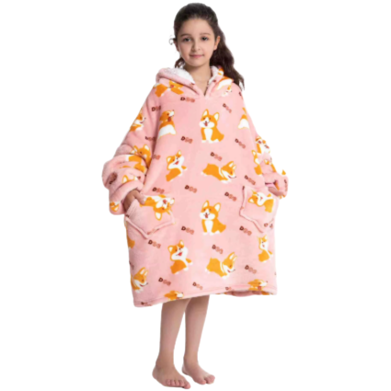 Child wearing a pink corgi design oversized lounge hoodie.