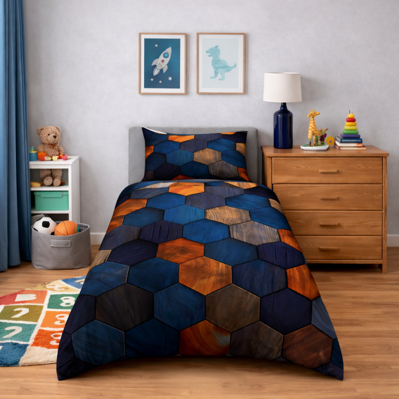 Colourful geometric bedding set in a bedroom setting