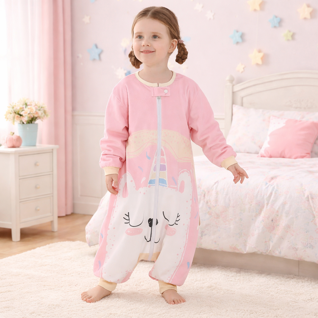 Child wearing a pink and white unicorn onesie in a bedroom.