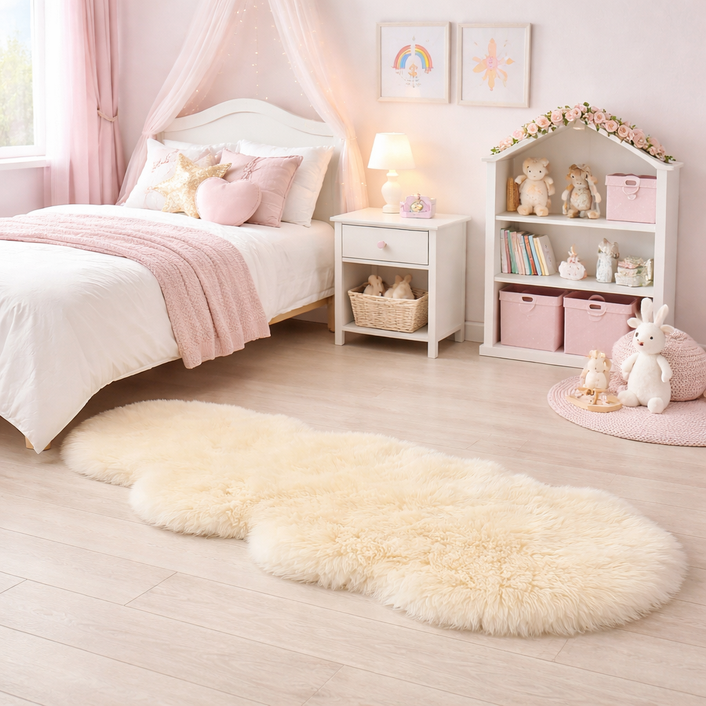 Children's bedroom with a yellow fluffy rug, bed, and shelves.