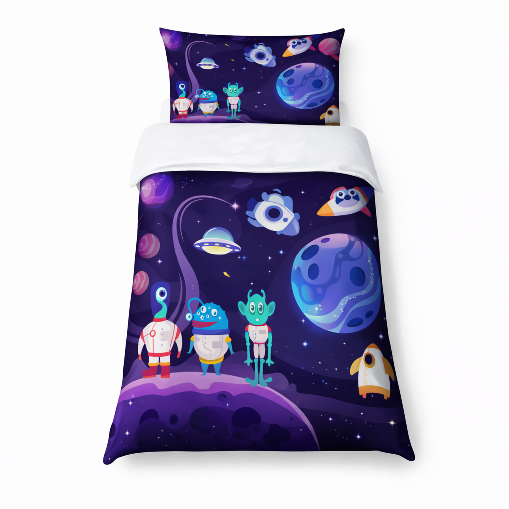 Children's bedroom with space-themed bedding set featuring aliens and planets on a white background.