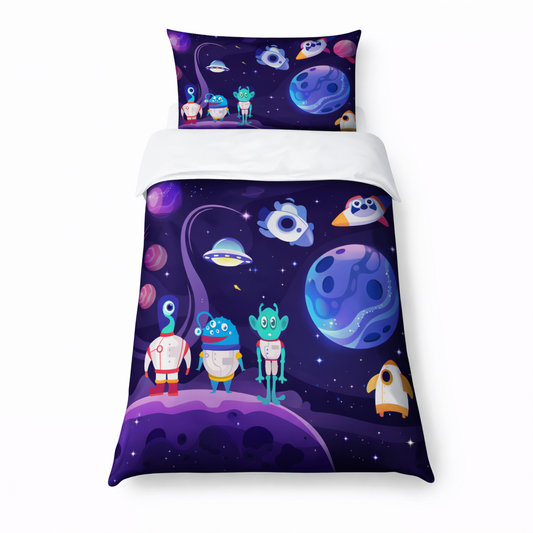 Children's bedroom with space-themed bedding set featuring aliens and planets on a white background.