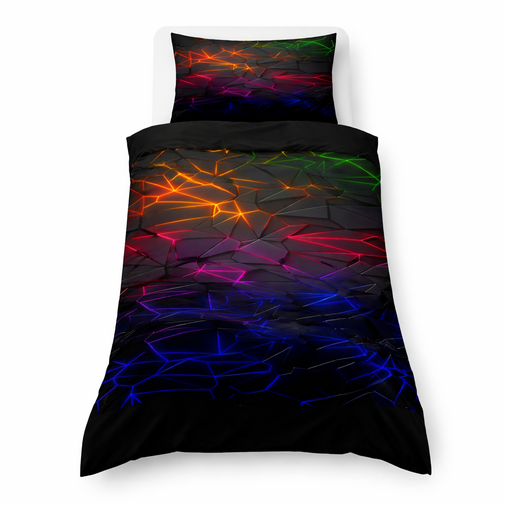 Multicoloured neon geo design duvet cover and pillowcase on a white background