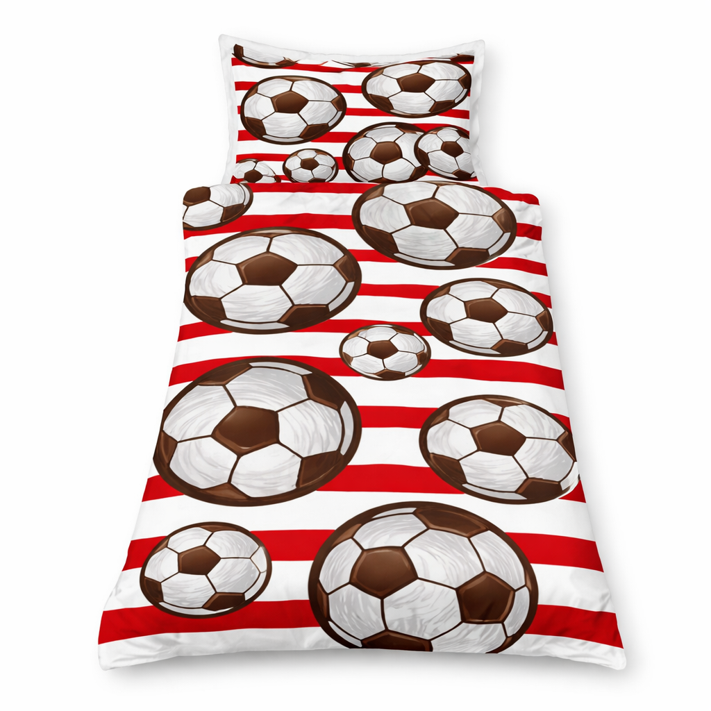 Children's bedding set with soccer ball pattern on red and white striped background