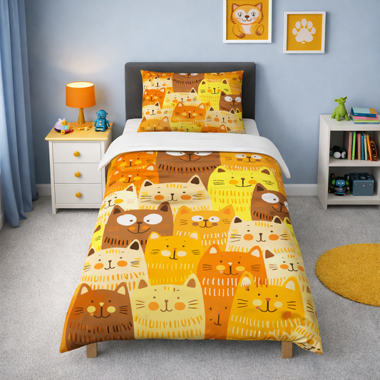 Cartoon cat pattern single duvet set in yellow and orange tones with matching pillowcase displayed on a modern single bed