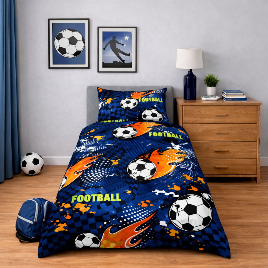 Children's bedroom with a football-themed bedspread and decor.