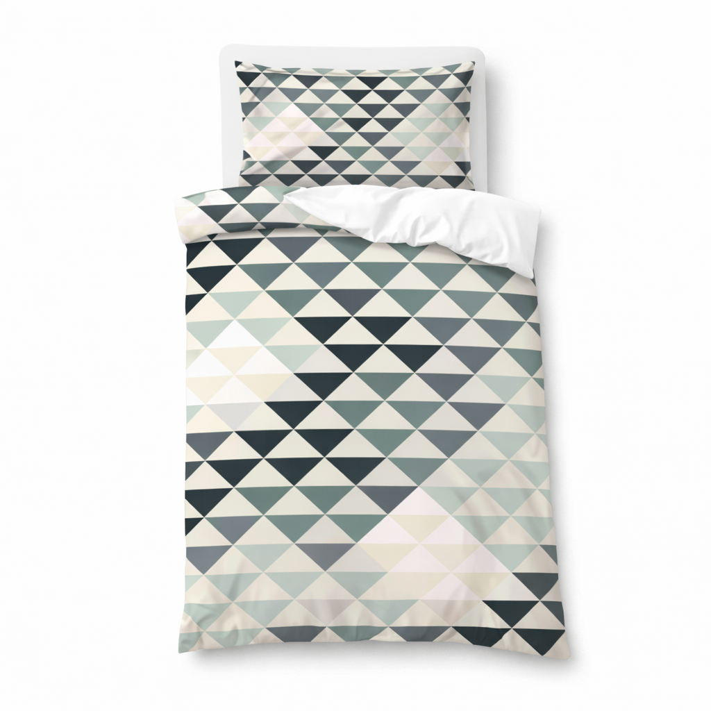 Geometric triangle patterned bedding set on a white background