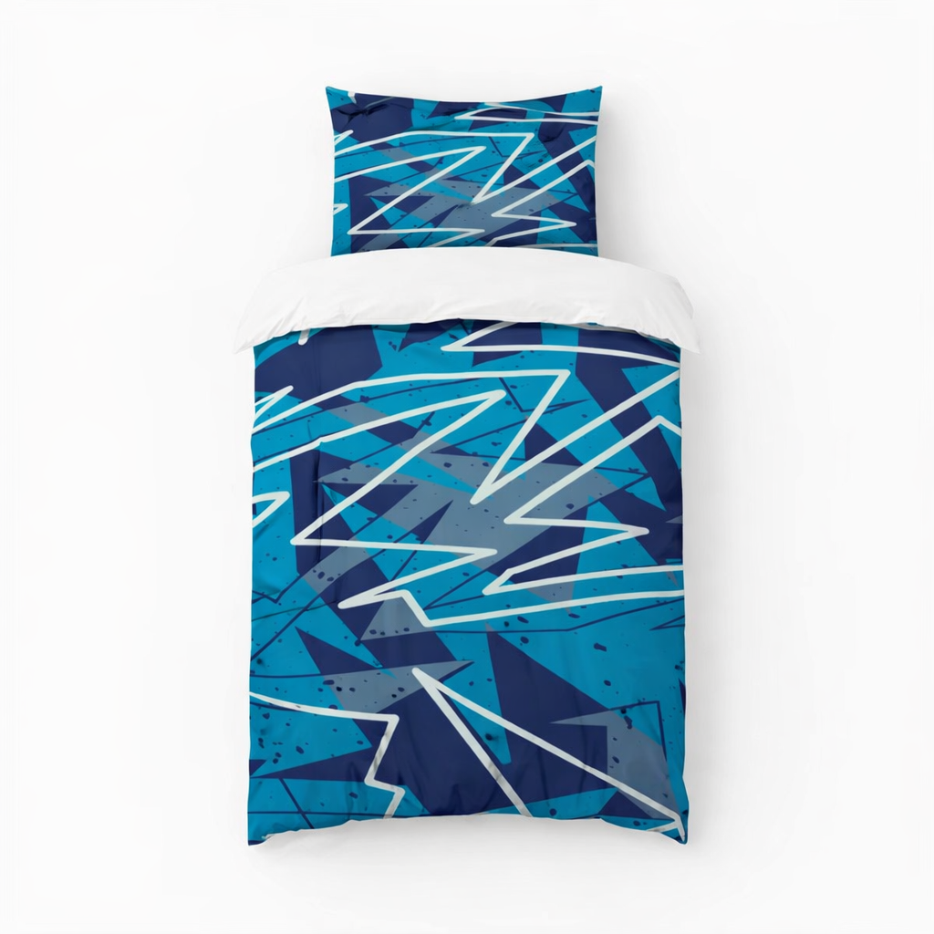 Blue zig zag design single bedding set on a white background