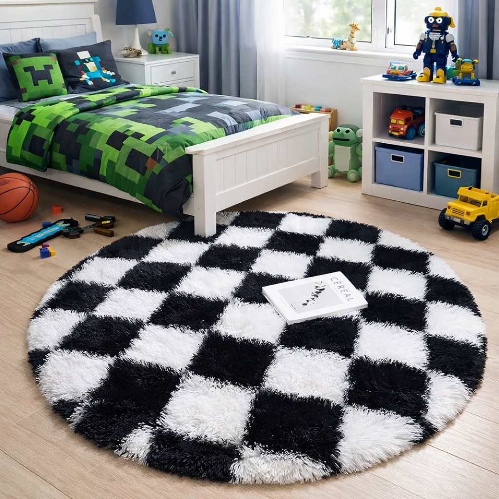 Children's bedroom with a checkered black and white rug, bed, and toys scattered around.