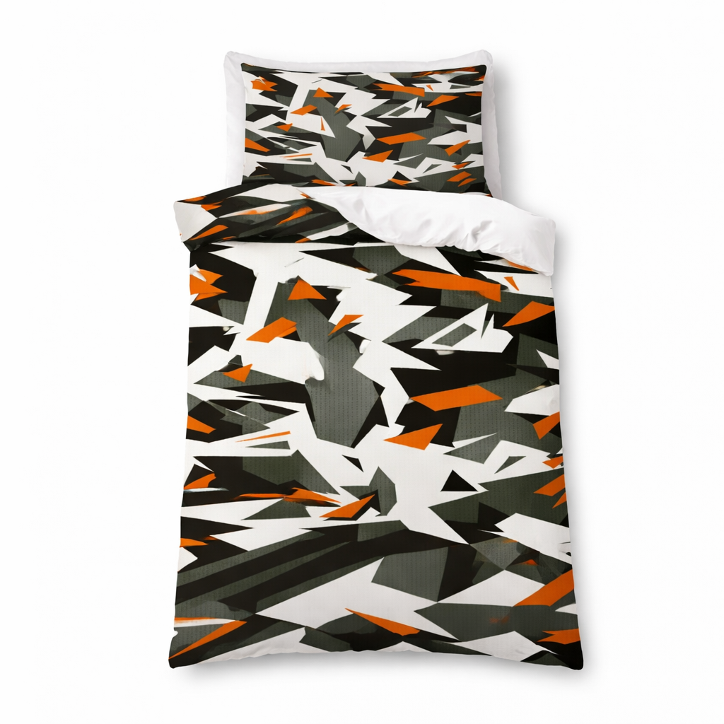 Geometric patterned bedding set with triangles on a white background