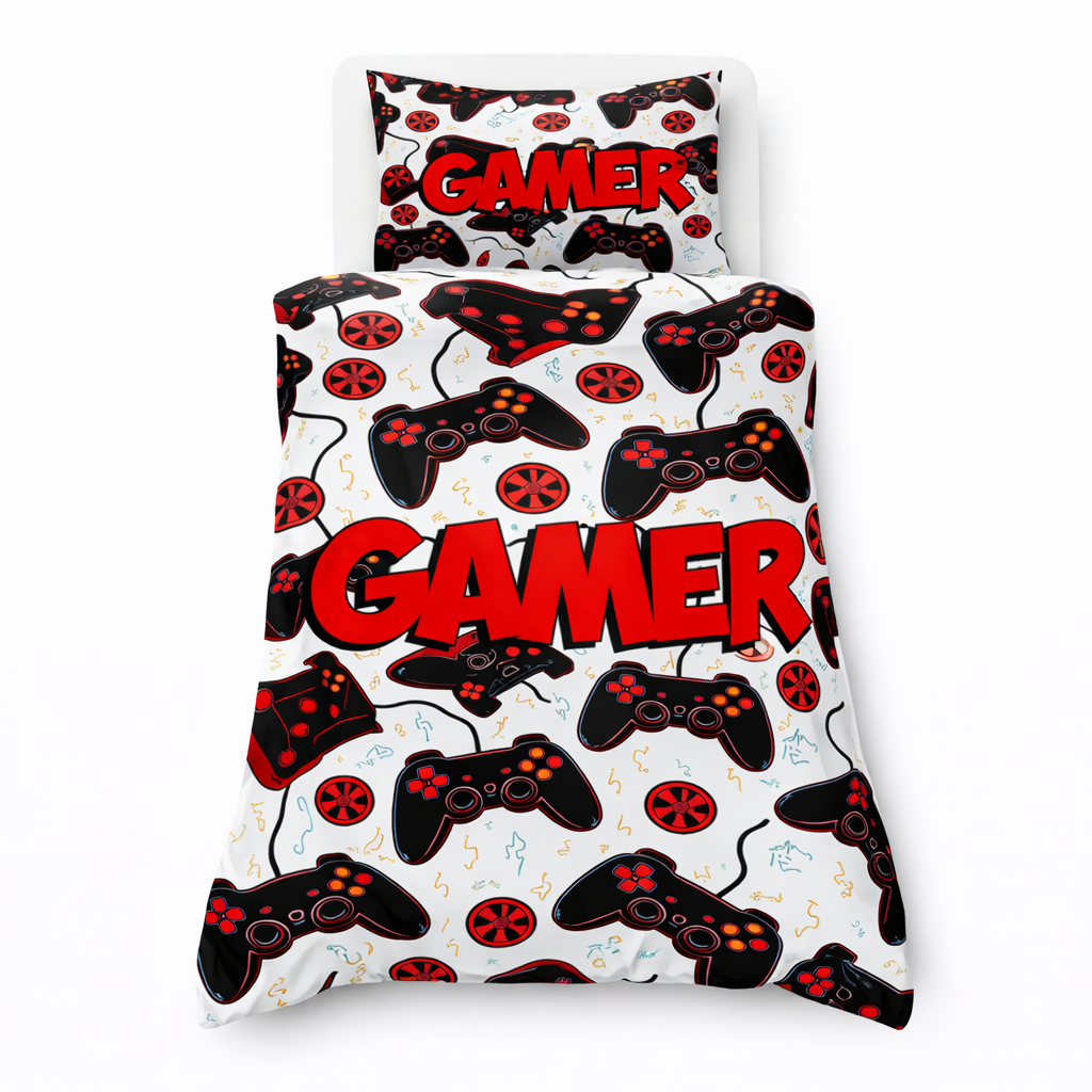 Kids gamer duvet set with red gamer text and controller pattern on a white background