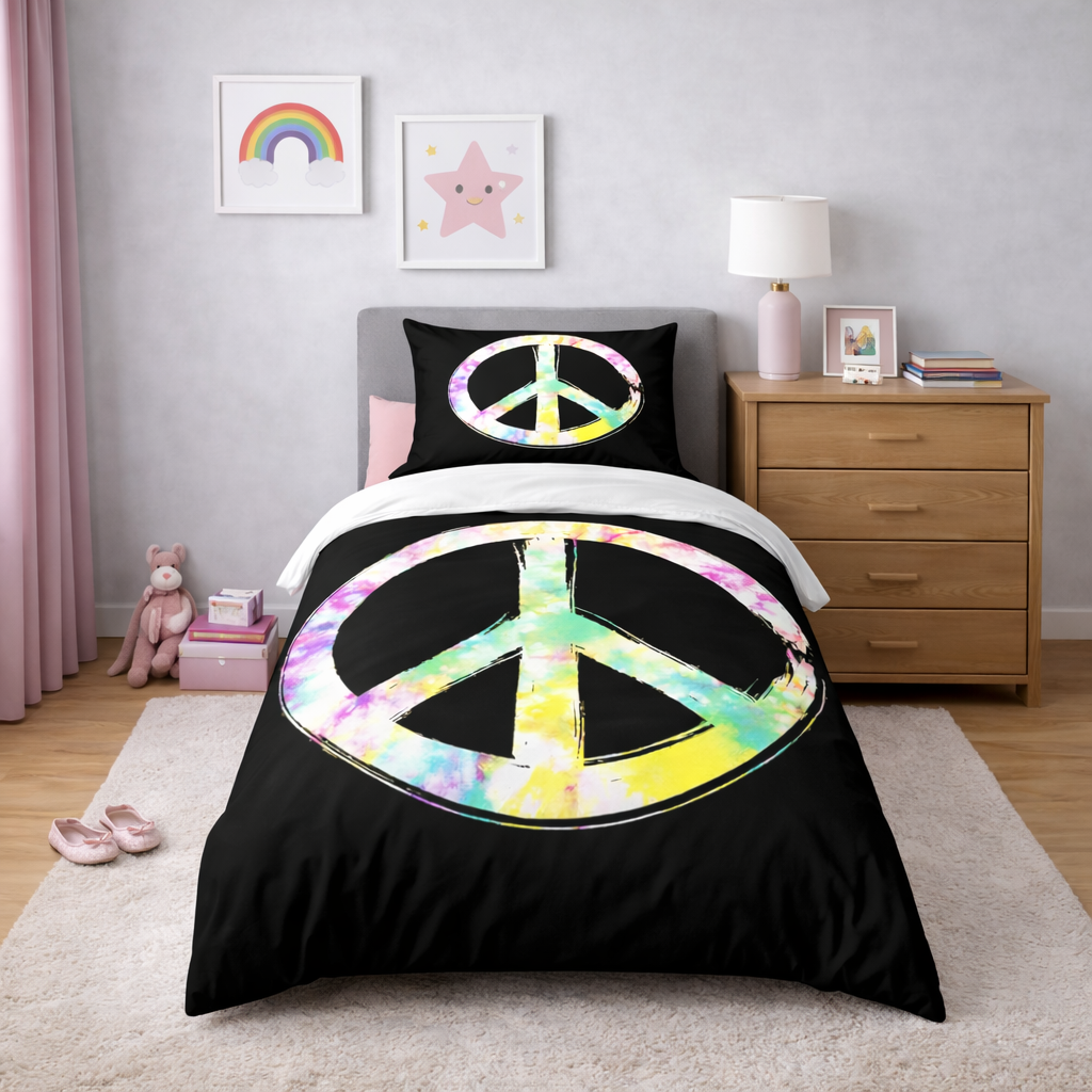 Peace symbol bedding set in a bedroom with a nightstand and decor items.