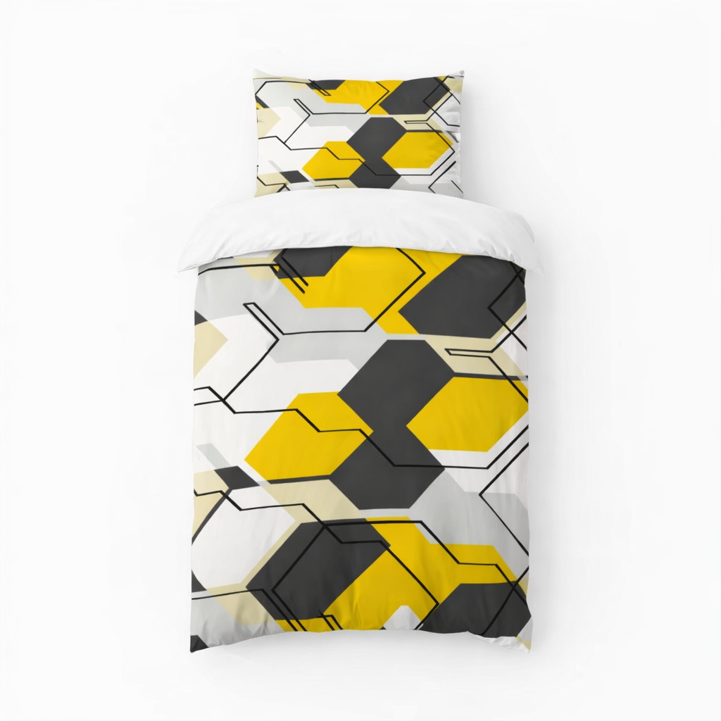Multicoloured hexagon design bedding set on a white background