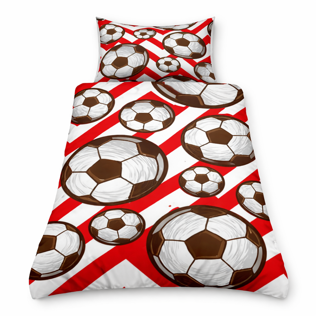 Bedding set with soccer ball pattern on red and white background
