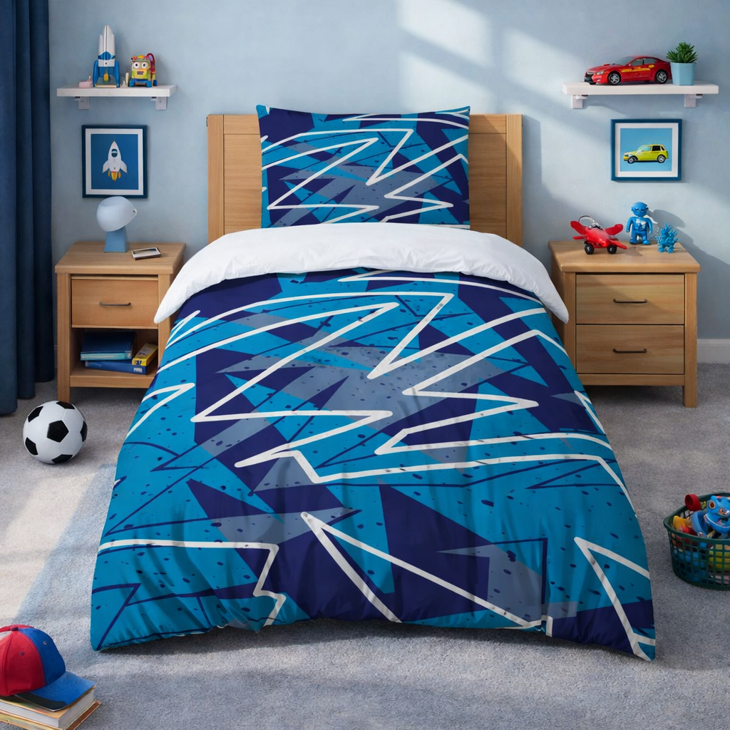 Blue zig zag design single bedding set in a cosy bedroom