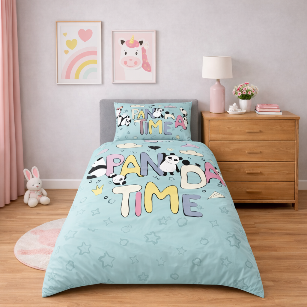Children's bedroom with panda-themed bedding set on a bed